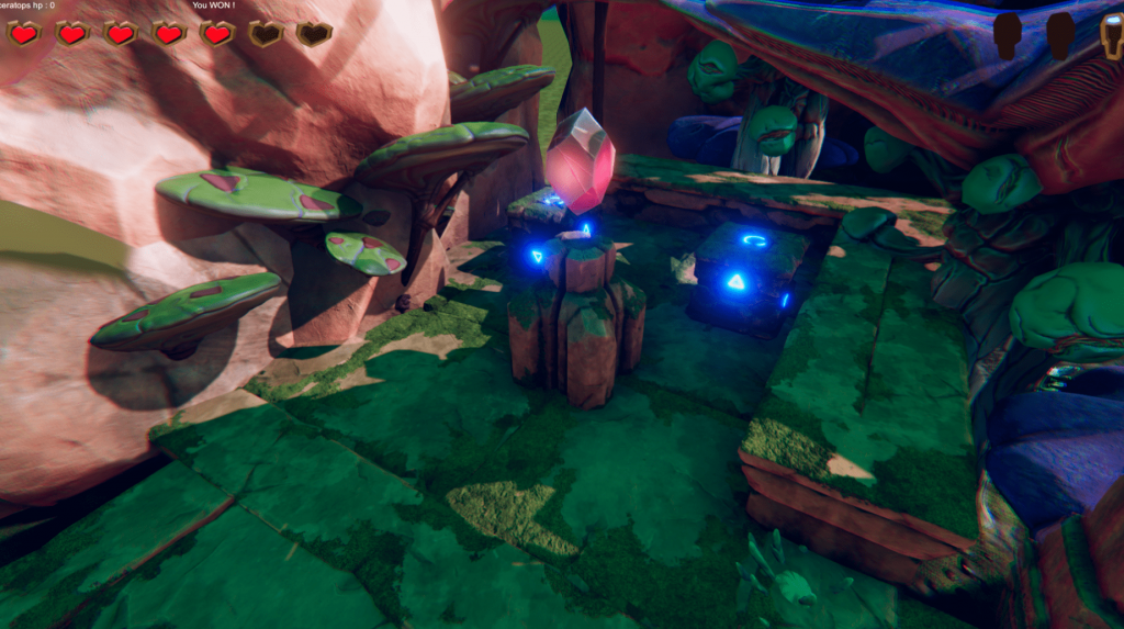 Unlocking one of the 3 triggers to open the end of level door