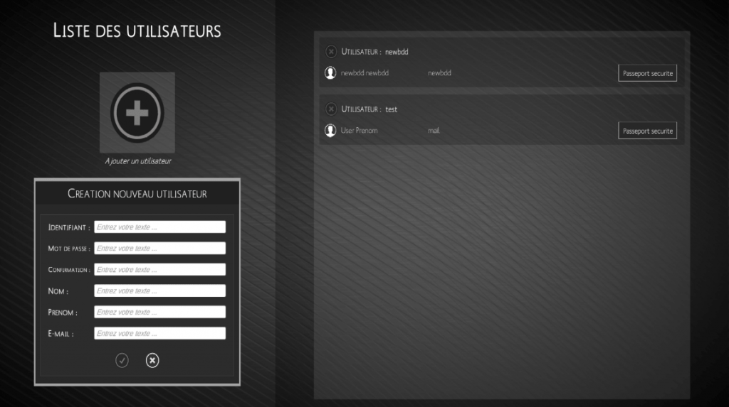 Panel for creating and adding users