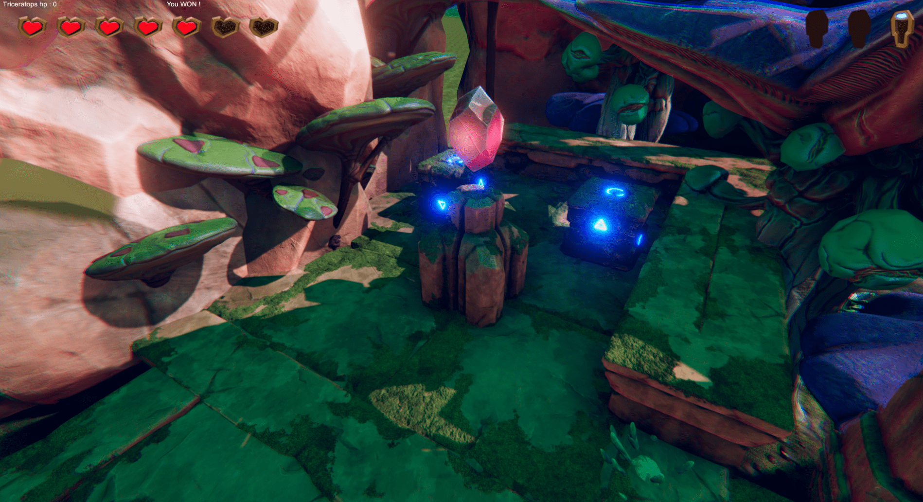 Unlocking one of the 3 triggers to open the end of level door