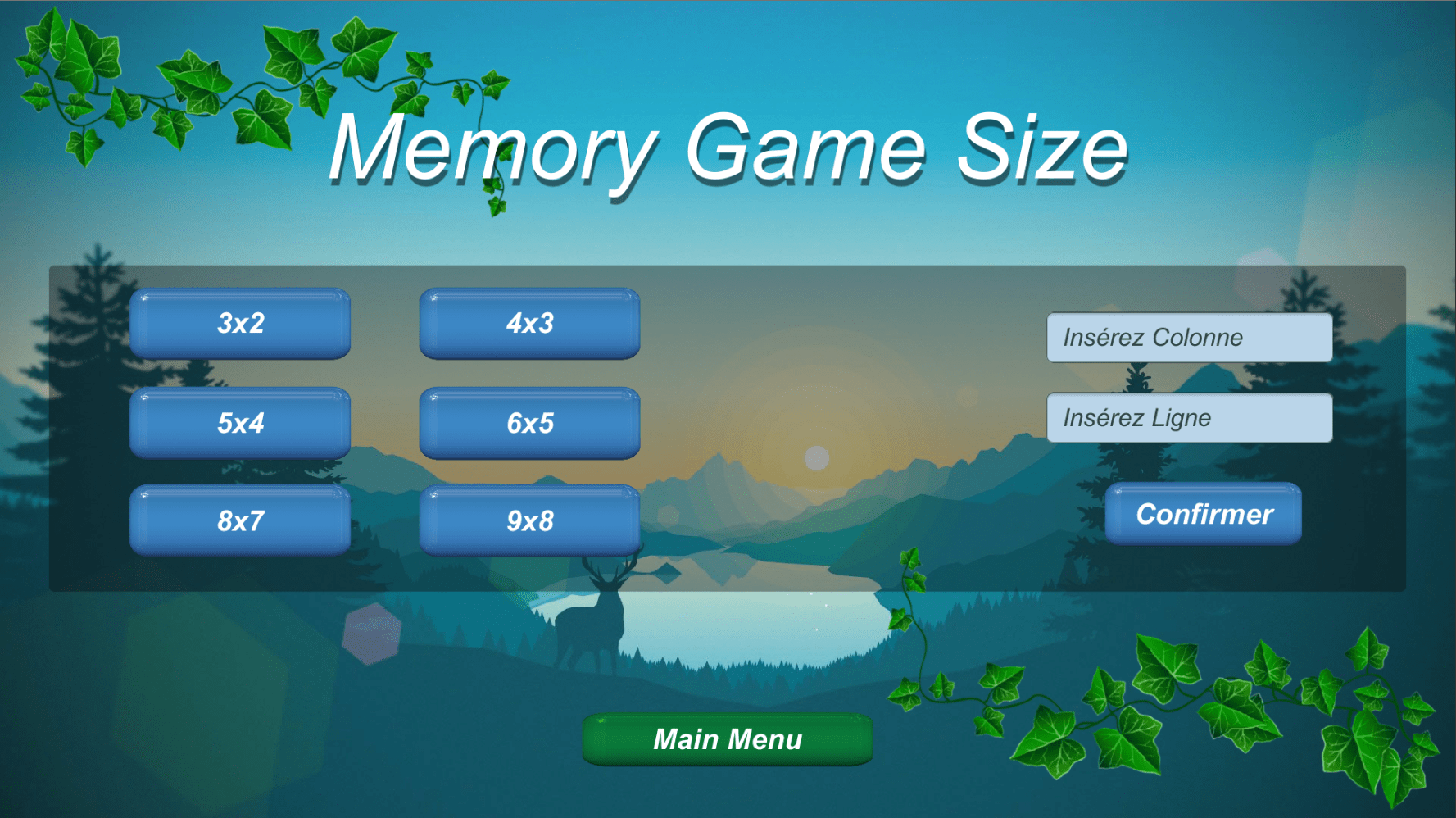 Menu for the choice of the desired size for the part, customizable or predefined