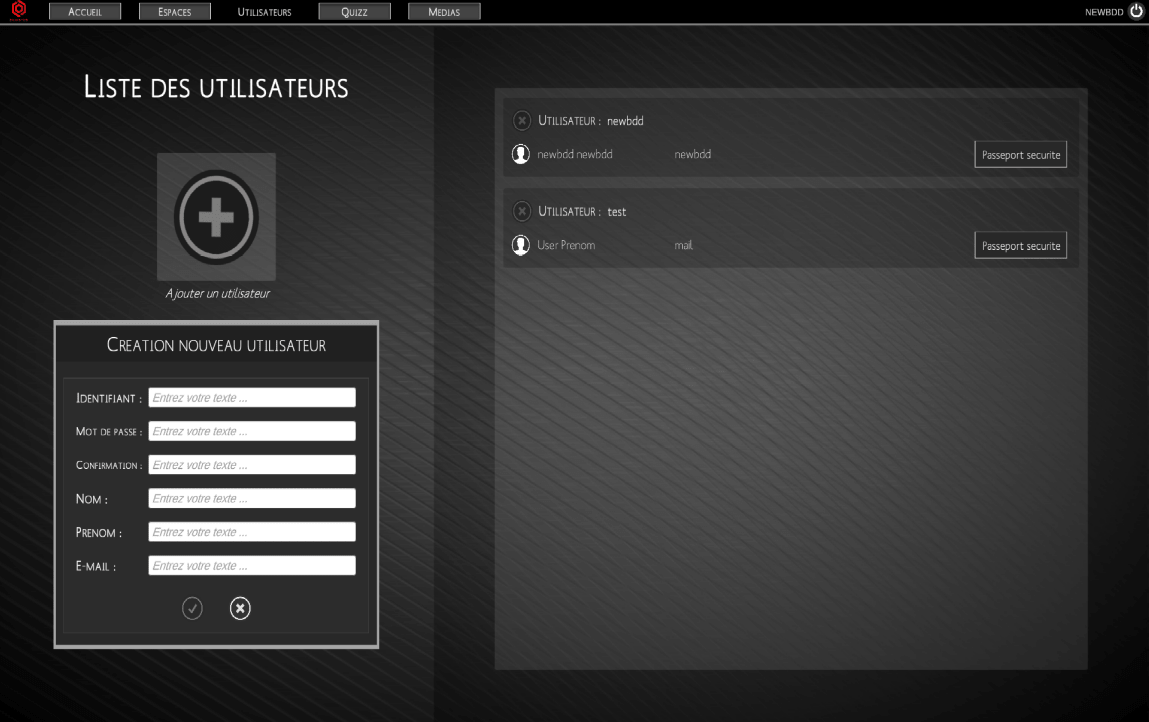 Panel for creating and adding users