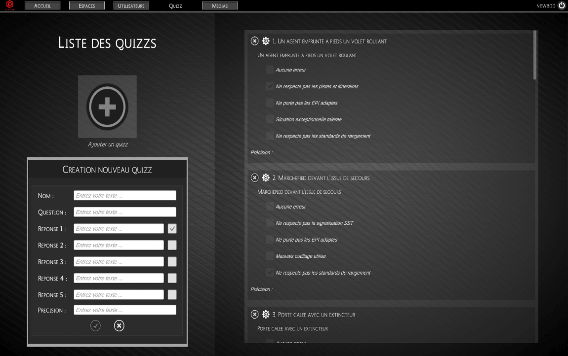 Quizz creation and management panel